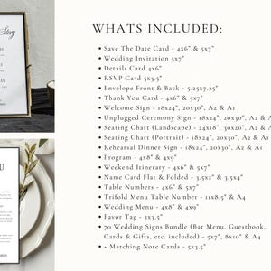 What’s included in the old money wedding bundle showing a full list of editable wedding stationery and signage templates in multiple printable sizes