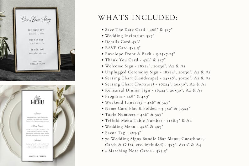 What’s included in the old money wedding bundle showing a full list of editable wedding stationery and signage templates in multiple printable sizes