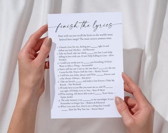 Finish The Lyrics Bridal Shower Game: Love Songs (Editable Template)
