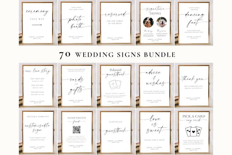 Minimalist wedding signs bundle mockup showing 70 editable Canva templates for modern wedding reception, bar, guestbook, and ceremony signage.