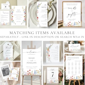 Wildflower wedding sign bundle with matching wedding stationery templates, editable Canva wedding signs, wedding invitation suite, seating chart, table numbers, menu cards, place cards, RSVP cards, welcome sign, bar sign, photo booth sign, thank you tags, printable floral wedding decor, DIY wedding templates, instant download wedding bundle, garden wedding signage, coordinated wedding stationery set.