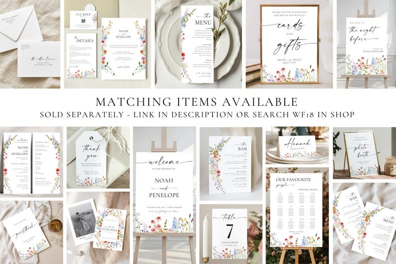 Wildflower wedding sign bundle with matching wedding stationery templates, editable Canva wedding signs, wedding invitation suite, seating chart, table numbers, menu cards, place cards, RSVP cards, welcome sign, bar sign, photo booth sign, thank you tags, printable floral wedding decor, DIY wedding templates, instant download wedding bundle, garden wedding signage, coordinated wedding stationery set.
