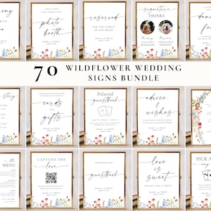 70 wildflower wedding signs bundle, editable Canva templates, floral reception signage set, printable boho wedding table signs