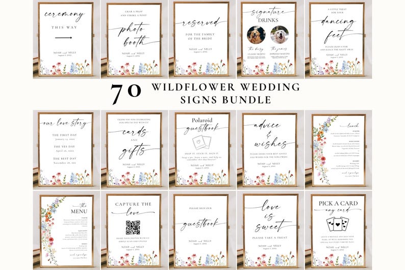 70 wildflower wedding signs bundle, editable Canva templates, floral reception signage set, printable boho wedding table signs