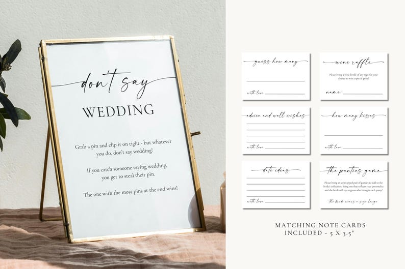 Editable wedding sign and note card template preview – minimalist wedding stationery for bridal showers, rehearsal dinners, or engagement parties, Canva printable design.