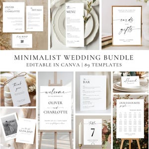 Op de afbeelding: Een verzameling minimalistische trouwstationaire sjablonen, waaronder uitnodigingen, menu's en bewegwijzering. De ontwerpen hebben een elegante typografie en een strakke, moderne esthetiek. De tekst "MINIMALIST WEDDING BUNDLE EDITABLE IN CANVA" is zichtbaar.