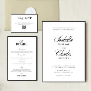Complete wedding invitation suite including RSVP card, details card and QR RSVP sign, old money wedding stationery editable in Canva