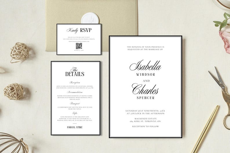 Complete wedding invitation suite including RSVP card, details card and QR RSVP sign, old money wedding stationery editable in Canva