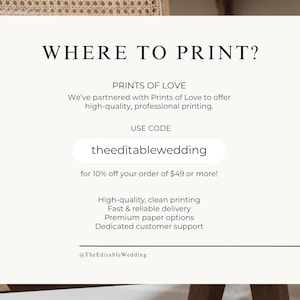 Where to print wedding templates, Prints of Love discount code, editable Canva wedding template bundle, minimalist wedding signs, wedding invitation printing guide, digital wedding download