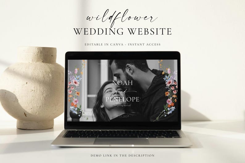 Wildflower wedding website template displayed on laptop mockup, editable Canva wedding website with floral design, minimalist modern wedding website template instant download