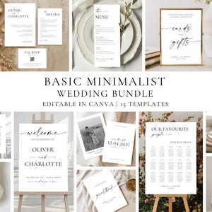 May include: A selection of white minimalist wedding stationery templates, including invitations, menus, and seating charts. The text includes "Basic Minimalist Wedding Bundle" and "Editable in Canva".
