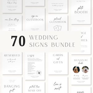 Puede incluir: Un conjunto de 70 letreros de boda con diseños minimalistas. Cada letrero presenta una tipografía elegante en negro sobre un fondo blanco. Los letreros incluyen frases como "Photo Booth", "Cards and Gifts" y "Signature Drinks".