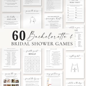 May include: A collection of 60 Bachelorette & Bridal Shower Games printed on white cards. The cards feature various game prompts and designs, including "Find the Guest Bingo" and "Finish the Bride's Sentences."