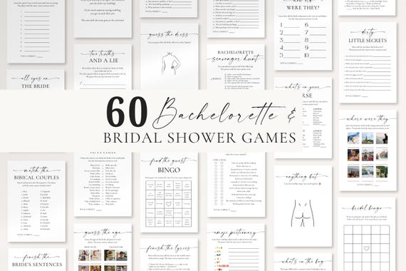 Minimalist Bridal Shower Games Bundle: 60 Printable Games (Canva Editable Download)