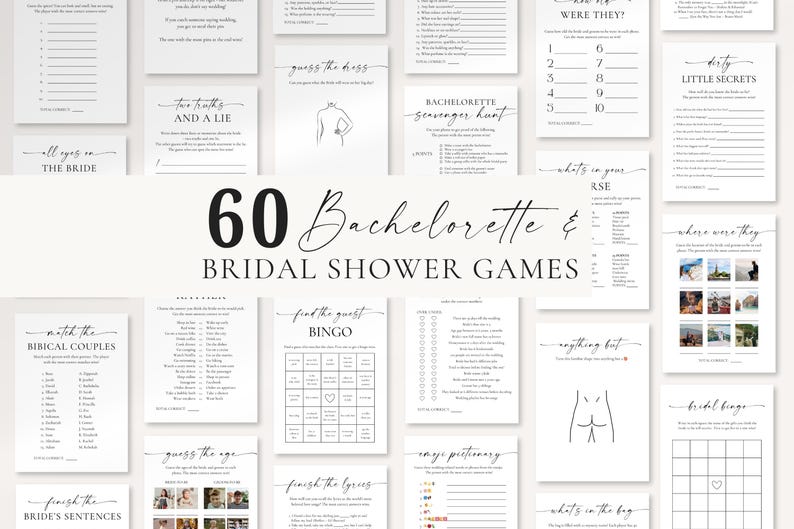 60 Bridal Shower & Bachelorette Party Games Bundle – minimalist printable bridal shower games, editable Canva templates for modern hen party and wedding shower activities.