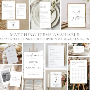 Minimalist wedding sign bundle collage showing matching items available including welcome sign, bar menu, seating chart, table numbers, cards and gifts sign, thank you tags, place cards, and bridal shower signage – modern editable Canva templates for reception and ceremony décor, digital download wedding stationery set