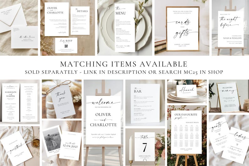 Minimalist wedding sign bundle collage showing matching items available including welcome sign, bar menu, seating chart, table numbers, cards and gifts sign, thank you tags, place cards, and bridal shower signage – modern editable Canva templates for reception and ceremony décor, digital download wedding stationery set
