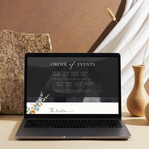 Order of events page from wildflower wedding website template displayed on laptop, minimalist floral wedding website timeline section editable in Canva