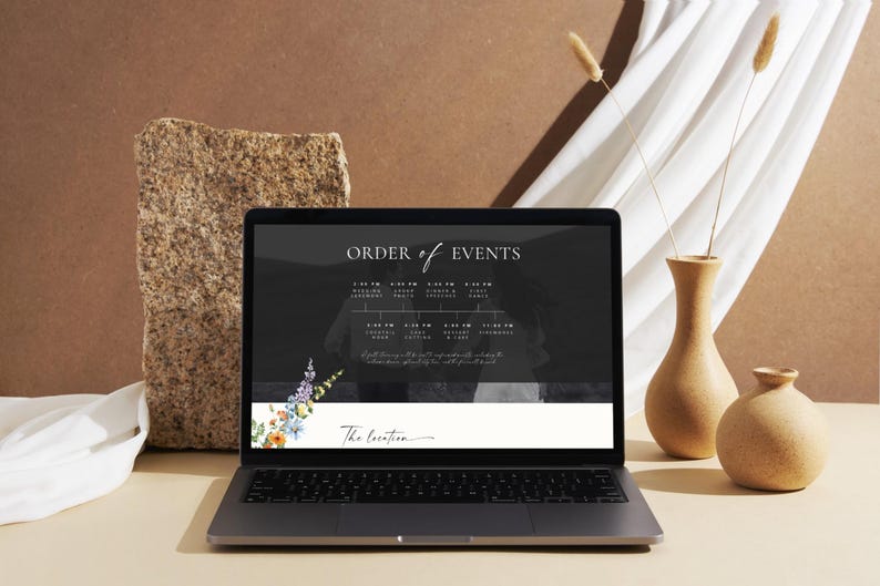 Order of events page from wildflower wedding website template displayed on laptop, minimalist floral wedding website timeline section editable in Canva