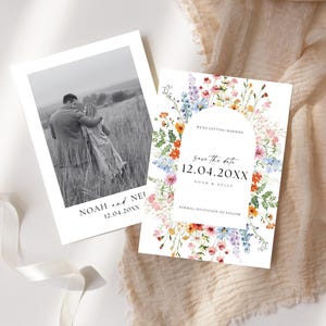 May include: Two wedding announcement cards. One is a black and white photo of a couple in a field. The other has a floral arch design with the text "Save the date 12.04.20XX". Both cards have the names "Noah and Neil" and the date.