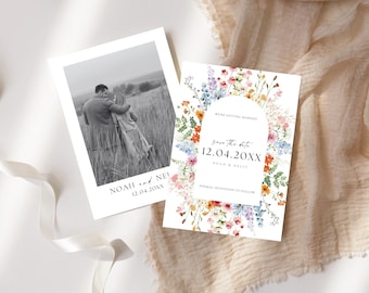 Modèle « Réservez la date » fleurs sauvages bohèmes : carte photo de mariage modifiable (toile)