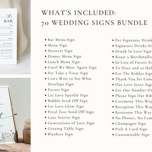 Full list of 70 wildflower wedding signs bundle, editable Canva printable templates, floral bar menu, seating, and reception signs