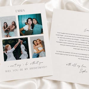 May include: A white rectangular bridesmaid proposal card featuring three photo slots on the front with the text EMMA and WILL YOU BE MY BRIDESMAID? The back of the card contains a printed letter addressed to Emma, signed by Sophie, with black serif and script typography.