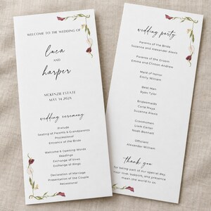 Peut inclure: Deux cartes de programme de mariage blanches avec du texte noir et des accents floraux à l'aquarelle. La carte de gauche indique Welcome to the wedding of Laca and Harper, McKenzie Estate, May 14 202X, et wedding ceremony. La droite liste les invités.
