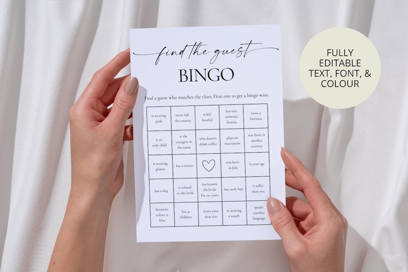 Find the Guest bridal shower bingo game – modern minimalist printable wedding shower activity for guests, editable Canva template, instant download bridal game.