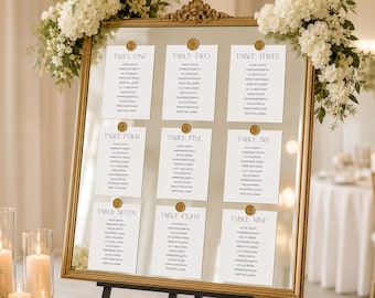 Plantilla de plano de asientos con espejo editorial: Diseño de números de mesa para bodas (editable en Canva, descarga instantánea), EC26