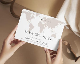 デスティネーションウェディングのSave the Date：ミニマリストな旅行テンプレート（即時ダウンロード）、MC25