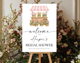 Panneau de bienvenue pour une fête prénuptiale sur le thème du marché fermier : motif floral modifiable (téléchargement instantané, modèle Canva imprimable)