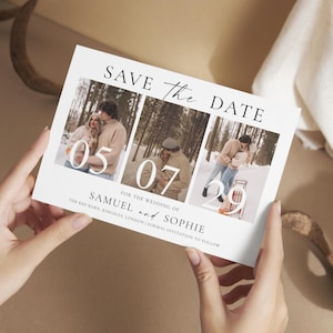 Puede incluir: Una tarjeta blanca de "Save the Date" con tres fotos de una pareja en un entorno invernal. La tarjeta incluye las fechas 05, 07 y 29, y los nombres Samuel y Sophie. También se ve el texto "Para la boda de".