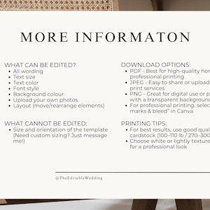 More information guide explaining what can be edited in Canva wedding templates including text, fonts, colours and layout for printable wedding signs