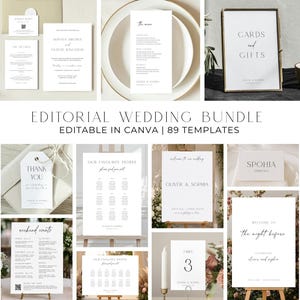 May include: A selection of wedding stationery templates, including invitations, menus, and signage. The designs are minimalist with a neutral colour palette and elegant typography. The text "EDITORIAL WEDDING BUNDLE" is displayed prominently.
