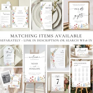 Wildflower wedding sign bundle with matching wedding stationery templates, editable Canva wedding signs, wedding invitation suite, seating chart, table numbers, menu cards, place cards, RSVP cards, welcome sign, bar sign, photo booth sign, thank you tags, printable floral wedding decor, DIY wedding templates, instant download wedding bundle, garden wedding signage, coordinated wedding stationery set.