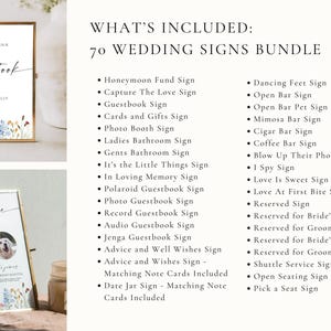 What’s included in 70 wildflower wedding signs bundle, editable Canva templates for guestbook, bar, reception and ceremony signs
