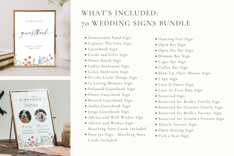 What’s included in 70 wildflower wedding signs bundle, editable Canva templates for guestbook, bar, reception and ceremony signs