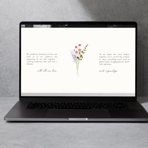 Wildflower wedding website template homepage displayed on laptop mockup, modern minimalist wedding website design editable in Canva