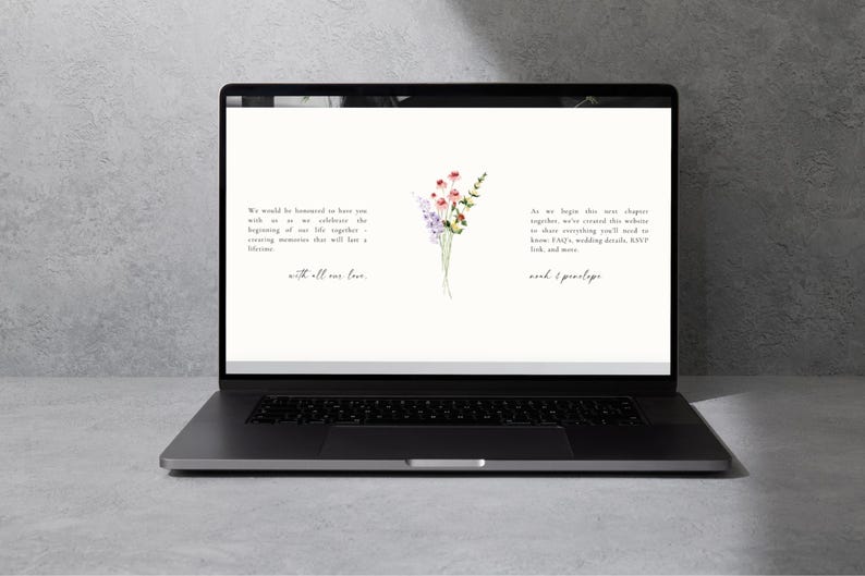 Wildflower wedding website template homepage displayed on laptop mockup, modern minimalist wedding website design editable in Canva