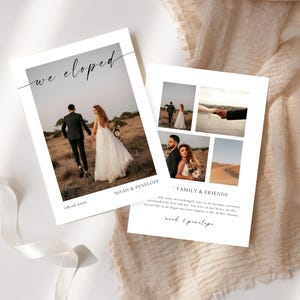 May include: Two white wedding announcement cards. One card features a photo of a couple walking away, with the text "we eloped" and the date. The other card has a collage of photos and the text "Family & Friends".