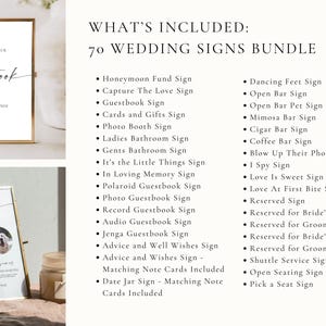 What’s included in the 70 wedding signs bundle – modern minimalist printable Canva templates for bar, guestbook, seating, and more.
