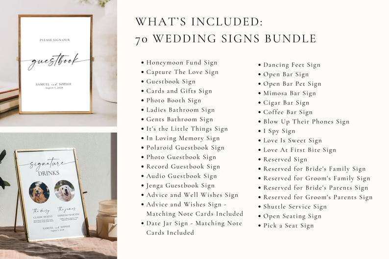 What’s included in the 70 wedding signs bundle – modern minimalist printable Canva templates for bar, guestbook, seating, and more.