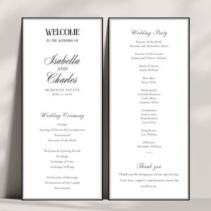 Minimalist wedding menu and welcome sign displayed together, classic black and white wedding signage editable in Canva
