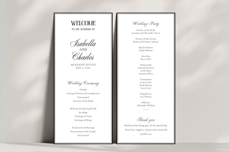 Minimalist wedding menu and welcome sign displayed together, classic black and white wedding signage editable in Canva