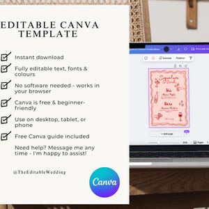 Editable Canva template preview on laptop – easy-to-edit printable bridal shower and bachelorette party games, beginner-friendly Canva design, instant download.