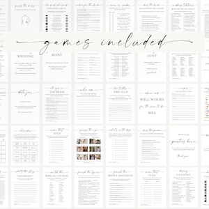 Printable bridal shower and bachelorette party games collage – 60 editable Canva templates in clean minimalist design for elegant wedding showers and engagement parties.
