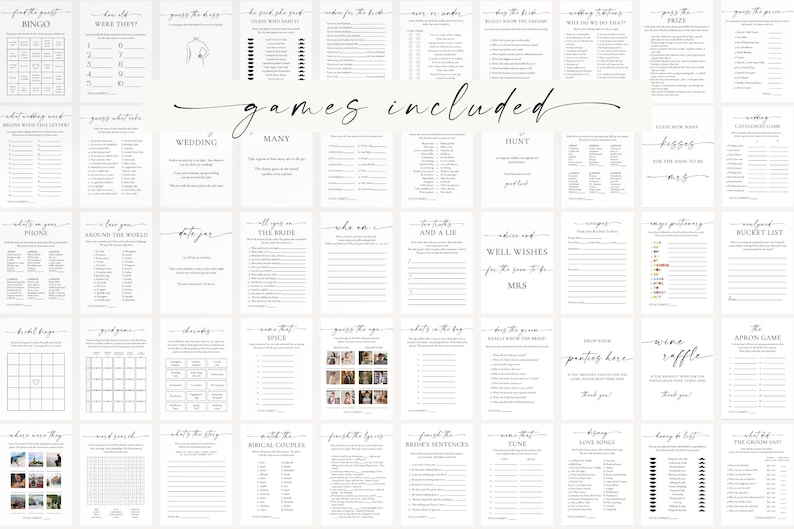 Printable bridal shower and bachelorette party games collage – 60 editable Canva templates in clean minimalist design for elegant wedding showers and engagement parties.