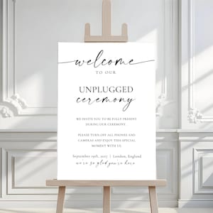 Minimalistisch Unplugged ceremoniebord bewerkbaar bruiloft welkomstbord afdrukbare geen telefoons ondertekenen moderne bruiloft tekensjabloon