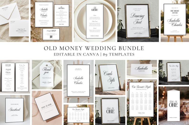 Old money wedding bundle preview showing elegant minimalist wedding stationery and signage including invitations, menus, seating charts, table numbers and wedding signs editable in Canva